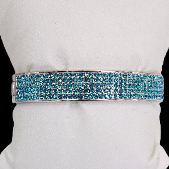 Light blue crystal bangle bracelet, expands open, pave aqua blue crystals - Picture 10 of 11